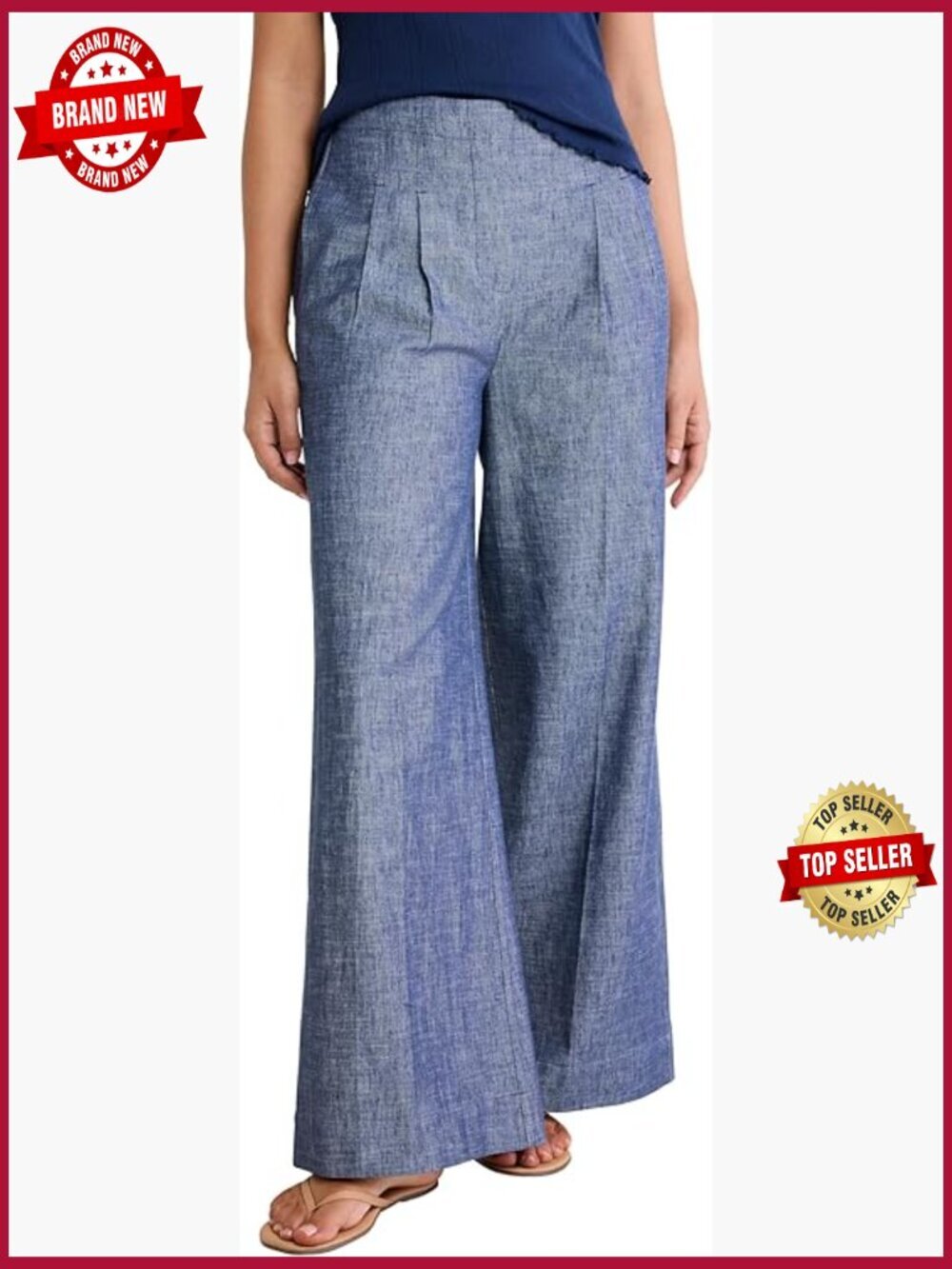 High-Waist Wide Leg Ankle Pants Pull-On Elastic Back Cotton Linen Blend